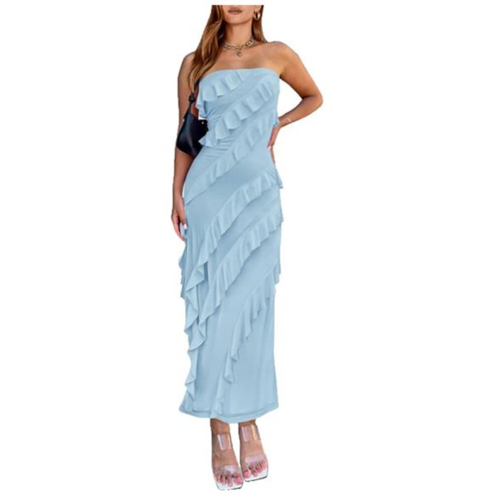 NEW BTFBM Women's Elegant Strapless Midi Ruched Bodycon Dress Light Blue S